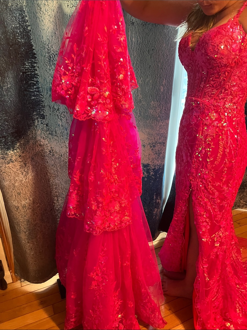 Sherri Hill Hot Pink Sequin High-Slit removable train prom dress - Picture 4 of 17